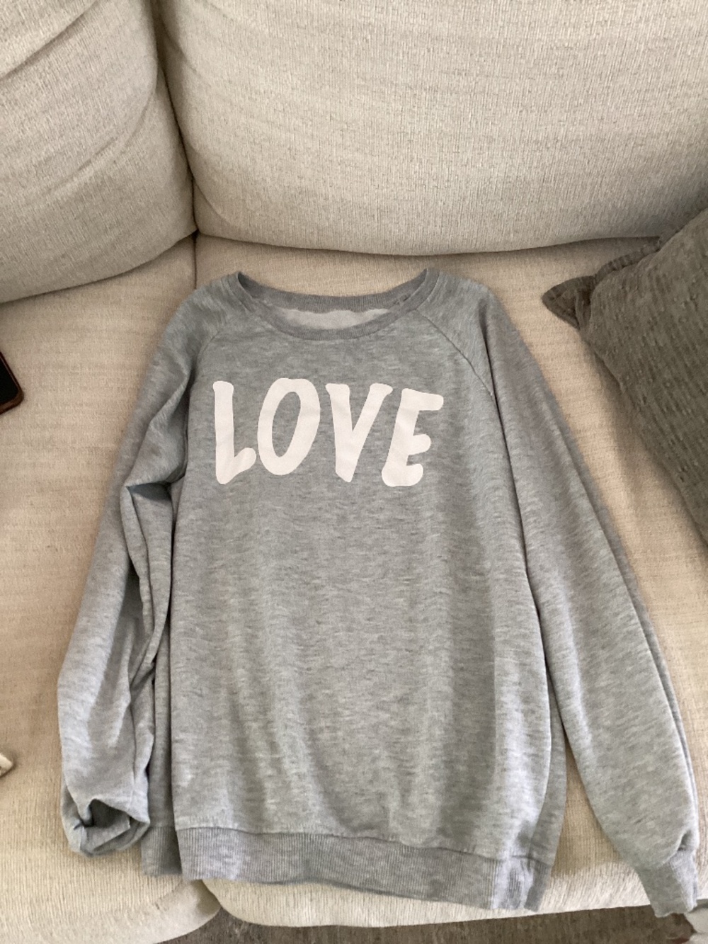 Grey sweatshirt. Words in “LOVE”